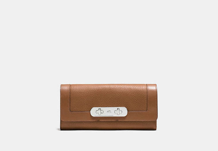 COACH®,COACH SWAGGER SLIM ENVELOPE WALLET,Leather,Silver/Saddle,Front View