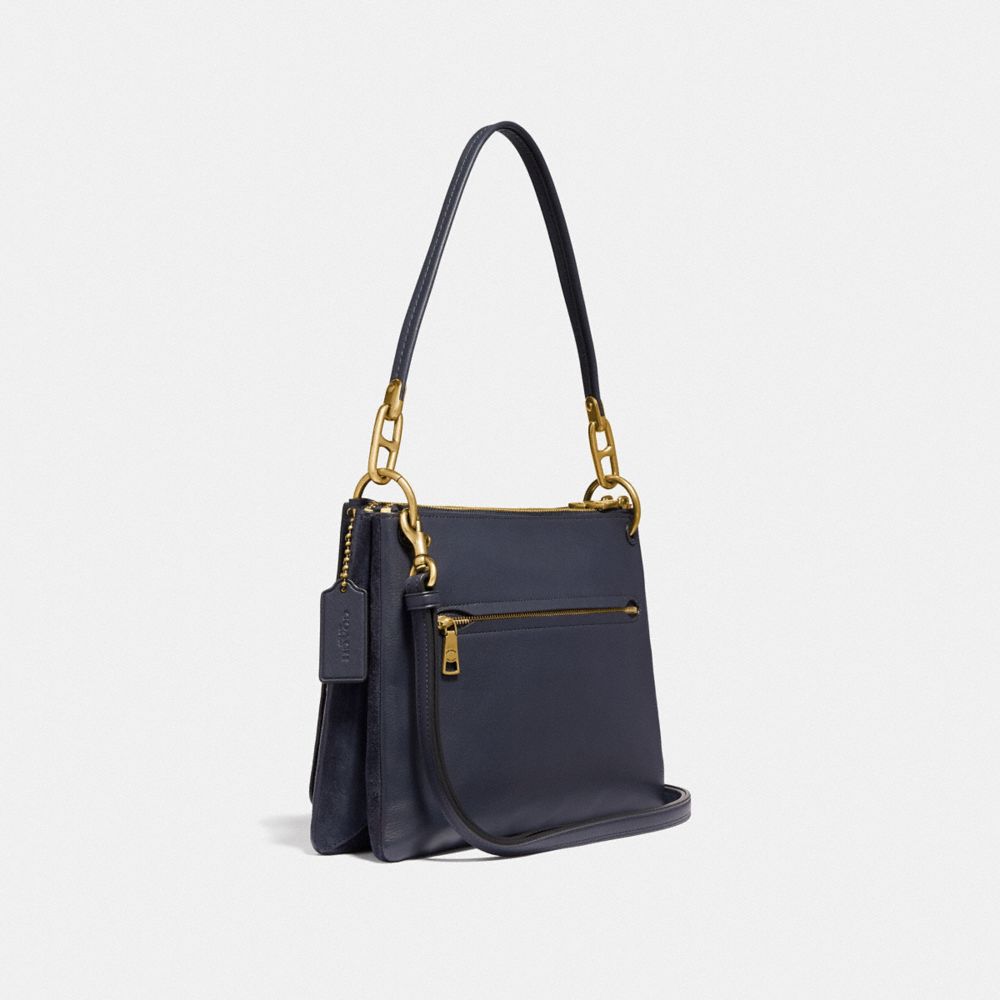COACH®,DREAMER SHOULDER BAG WITH RIVETS,Leather,Medium,Brass/Midnight Navy,Angle View