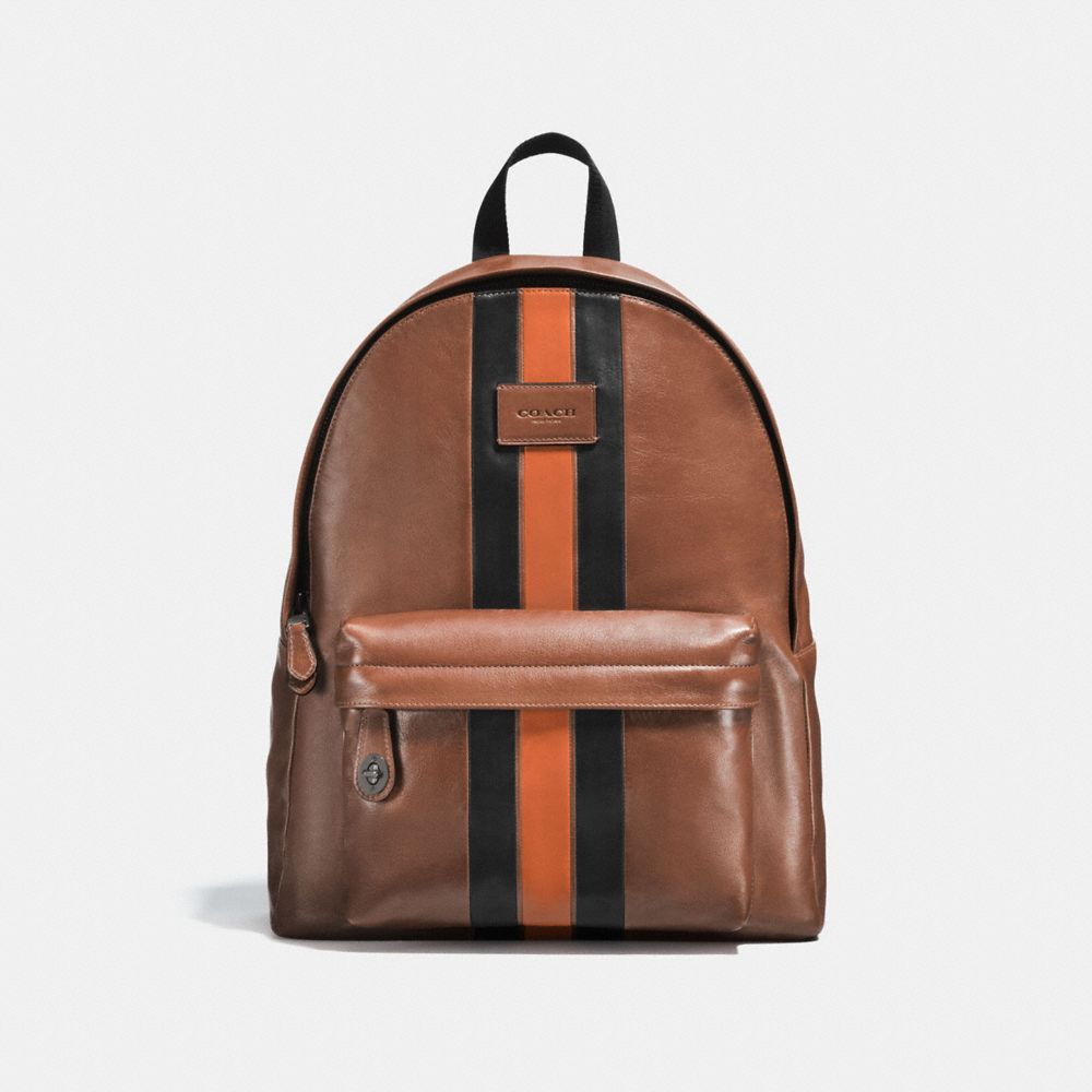 COACH®,CAMPUS BACKPACK WITH VARSITY STRIPE,Sport calf leather,Large,Dark Saddle/Black/Black Antique Nickel,Front View