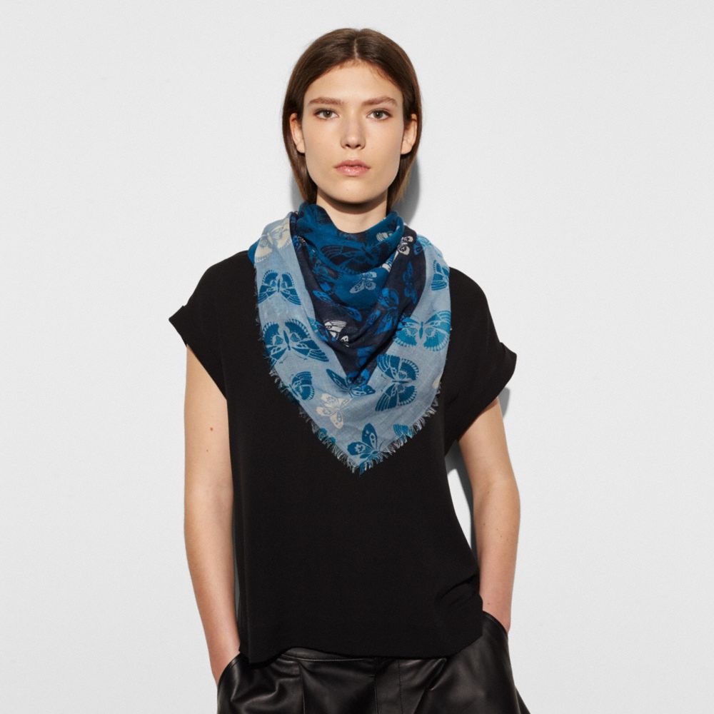 COACH®,BUTTERFLY WOVEN OVERSIZED SQUARE SCARF,Modal Silk Blend,BRIGHT MINERAL,Angle View