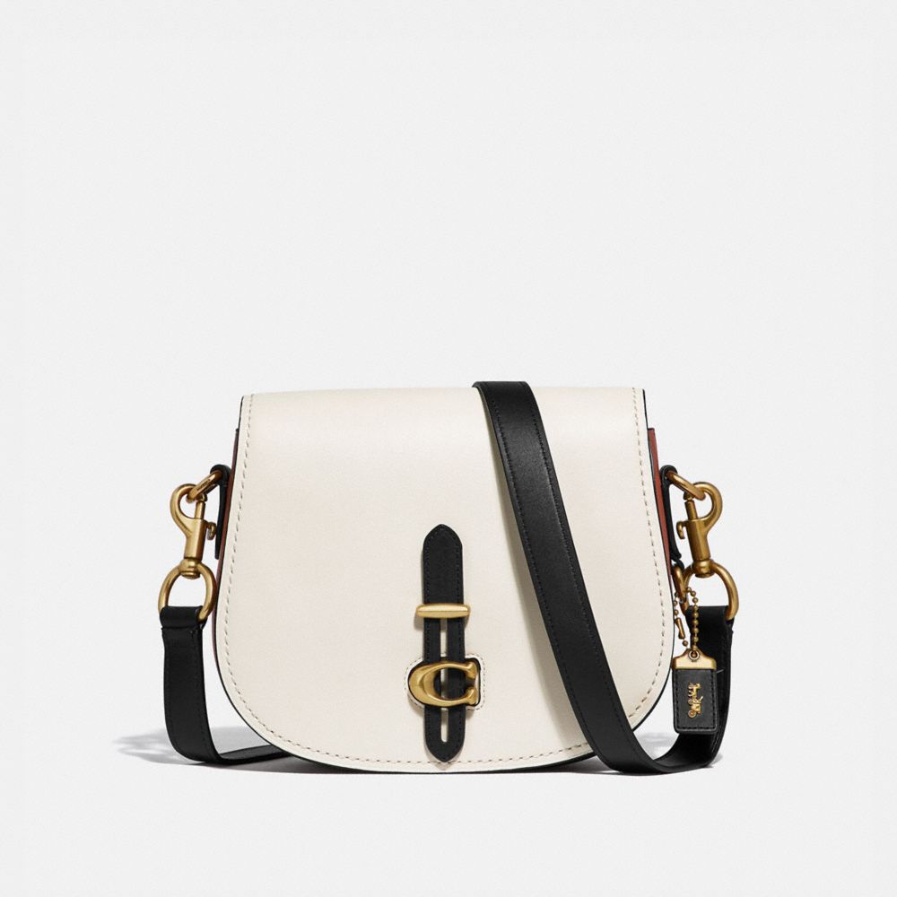 COACH®,SADDLE IN COLORBLOCK,Leather,Brass/Chalk,Front View