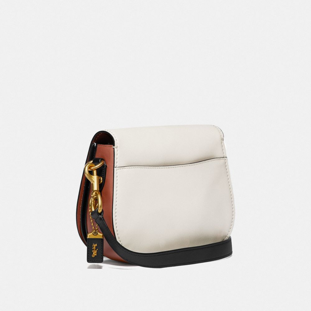 COACH®,SADDLE IN COLORBLOCK,Leather,Brass/Chalk,Angle View