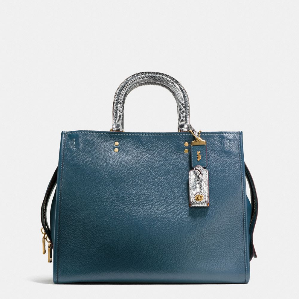 COACH®,ROGUE 36 WITH COLORBLOCK SNAKE DETAIL,Exotic,Large,Brass/Dark Denim,Front View