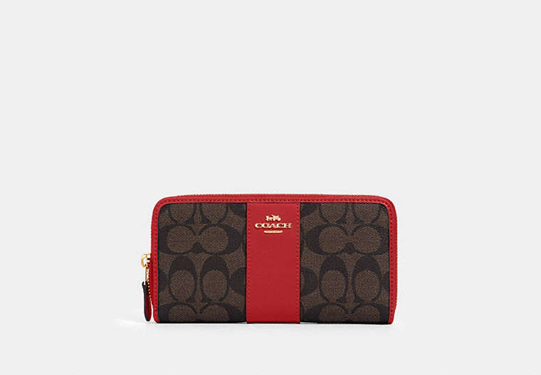 COACH®,ACCORDION ZIP WALLET IN SIGNATURE CANVAS,pvc,Gold/Brown 1941 Red,Front View