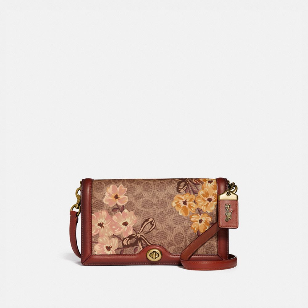 COACH®,RILEY IN SIGNATURE CANVAS WITH PRAIRIE FLORAL PRINT,Coated Canvas,Small,Brass/Tan Rust Bow,Front View