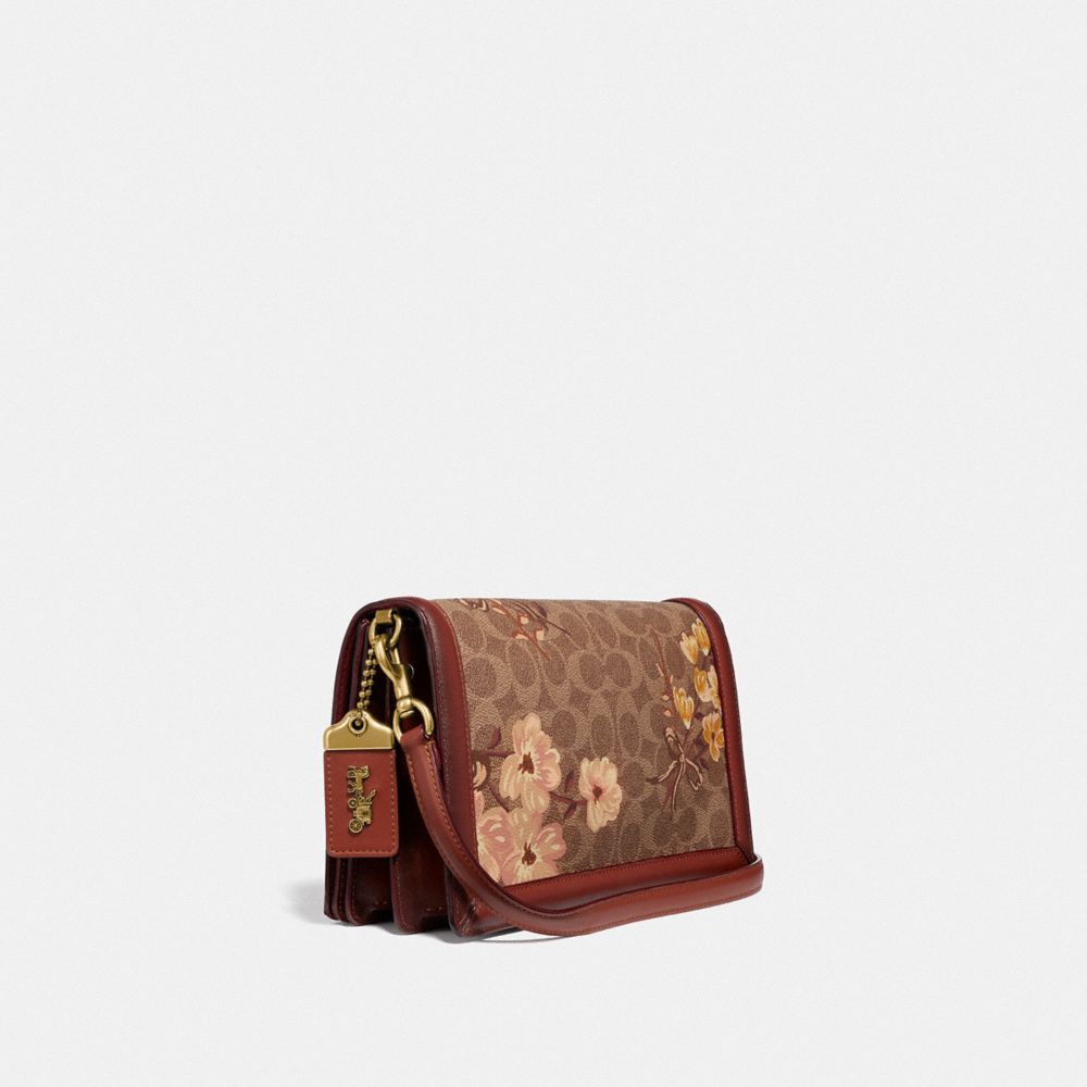 COACH®,RILEY IN SIGNATURE CANVAS WITH PRAIRIE FLORAL PRINT,Coated Canvas,Small,Brass/Tan Rust Bow,Angle View