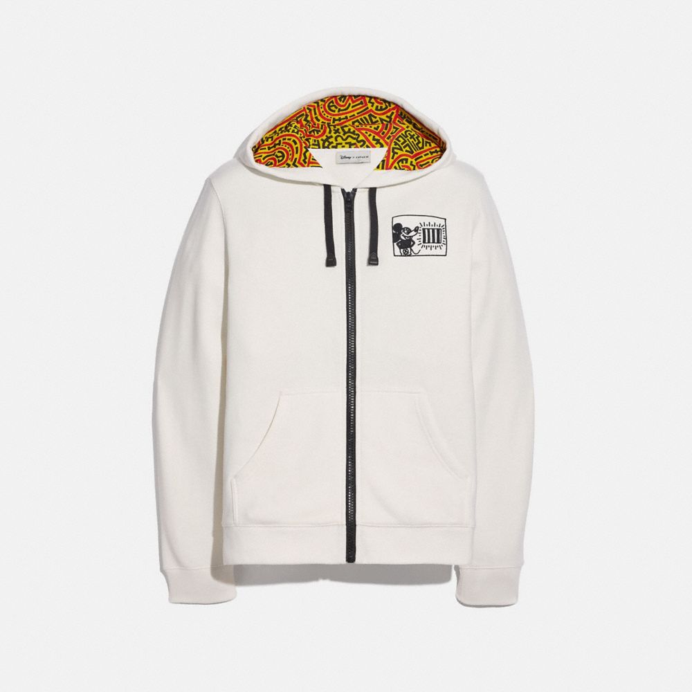 COACH®,DISNEY MICKEY MOUSE X KEITH HARING FULL ZIP HOODIE,cotton,White,Front View image number 0