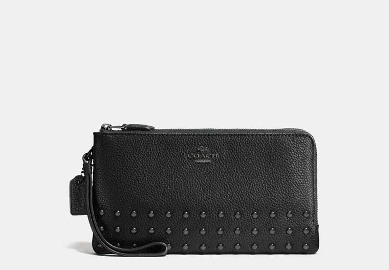 Lacquer Rivets Double Zip Wallet In Pebble Leather