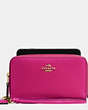 COACH®,DOUBLE ZIP PHONE WALLET IN CALF LEATHER,Leather,Light Gold/Cerise,Front View