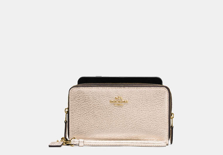 COACH®,DOUBLE ZIP PHONE WALLET IN CALF LEATHER,Leather,Light Gold/Platinum,Front View