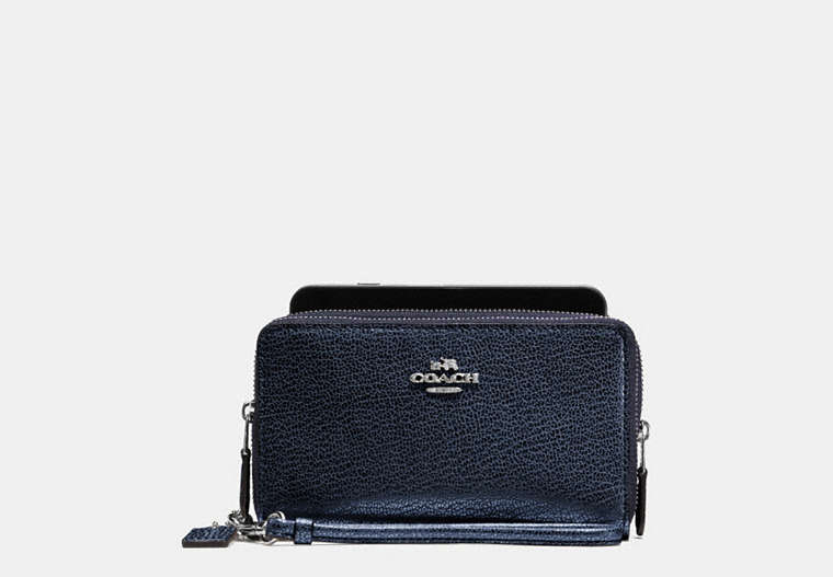 COACH®,DOUBLE ZIP PHONE WALLET IN CALF LEATHER,Leather,Silver/Metallic Navy,Front View