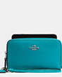 COACH®,DOUBLE ZIP PHONE WALLET IN CALF LEATHER,Leather,Silver/TURQUOISE,Front View