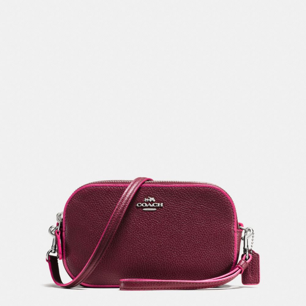 COACH®,CROSSBODY CLUTCH IN EDGESTAIN LEATHER,Leather,Silver/BURGUNDY/CERISE,Front View