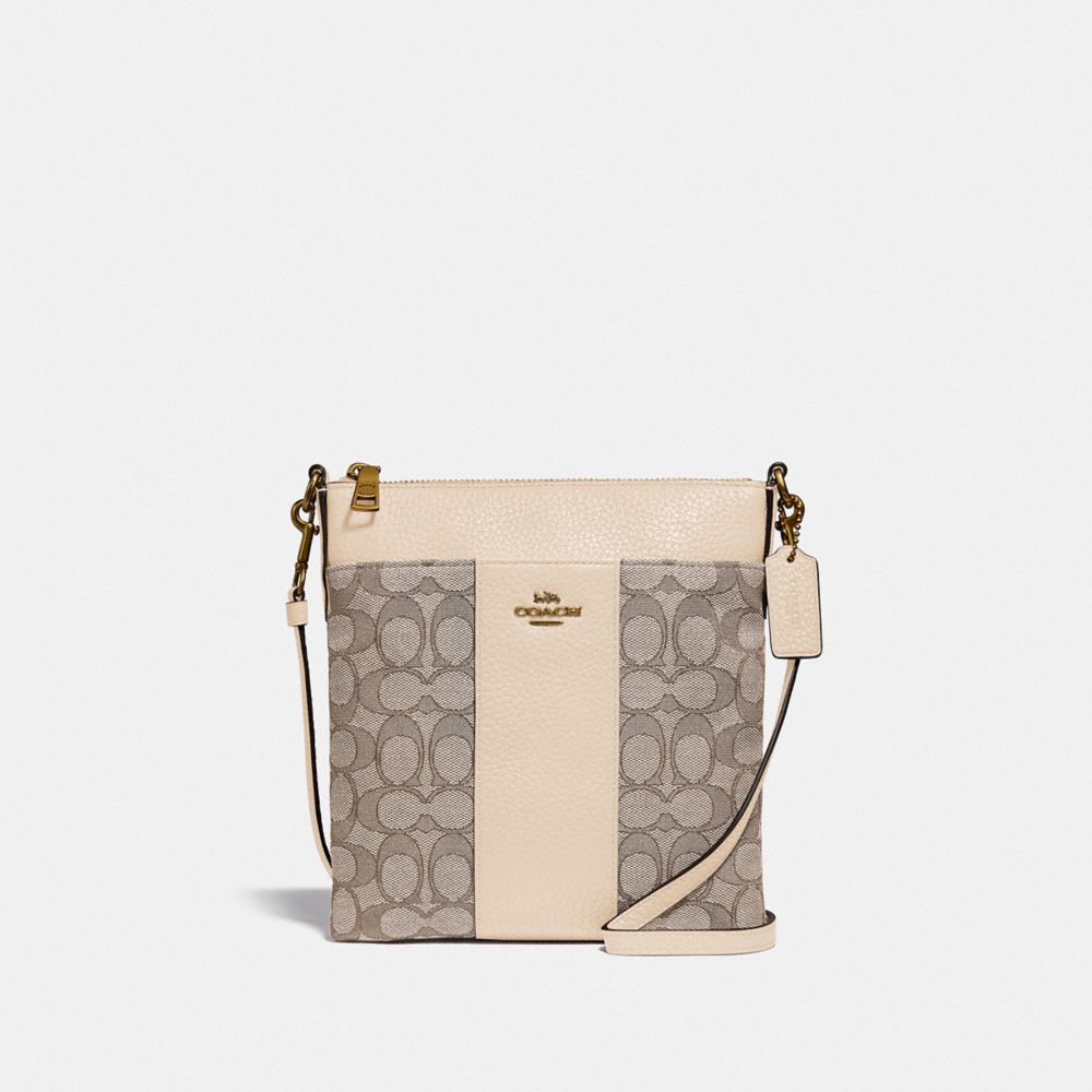 COACH®,KITT MESSENGER CROSSBODY BAG IN SIGNATURE JACQUARD,Signature Jacquard,Small,Brass/Stone Ivory,Front View