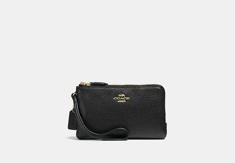 COACH®,DOUBLE CORNER ZIP WRISTLET IN POLISHED PEBBLE LEATHER,Leather,Light Gold/Black,Front View