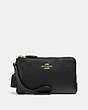 COACH®,DOUBLE CORNER ZIP WRISTLET IN POLISHED PEBBLE LEATHER,Leather,Light Gold/Black,Front View