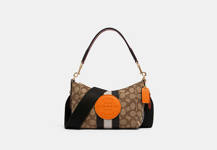 COACH®,DEMPSEY SHOULDER BAG IN SIGNATURE JACQUARD WITH STRIPE AND PATCH,cotton,Mini,Gold/Khaki Sunbeam Multi,Front View