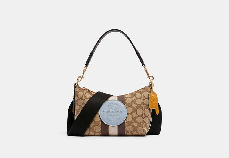 COACH®,DEMPSEY SHOULDER BAG IN SIGNATURE JACQUARD WITH STRIPE AND PATCH,cotton,Mini,Gold/Khaki/Mist Multi,Front View