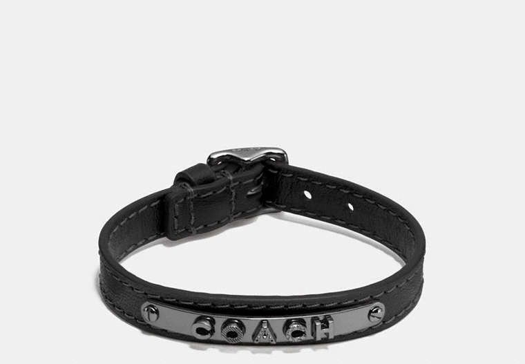 COACH®,LEATHER BUCKLE COACH PLAQUE BRACELET,Metal Leather,Black,Front View