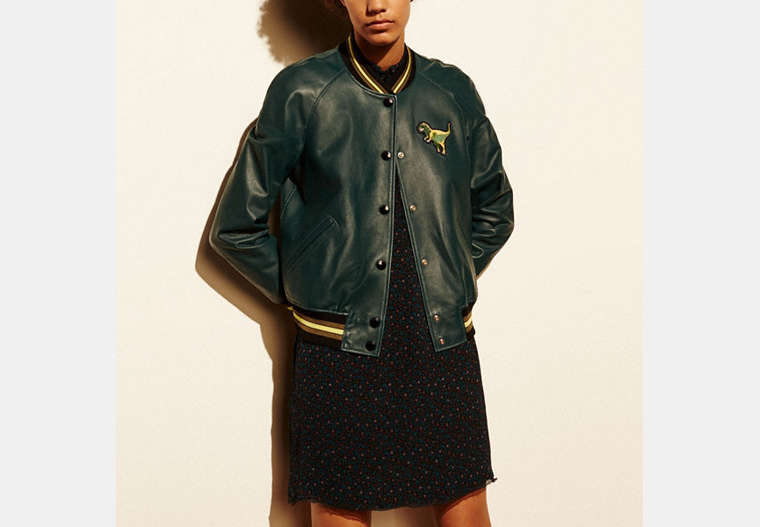 COACH®,LEATHER REXY VARSITY JACKET,Leather,BOTTLE GREEN,Front View
