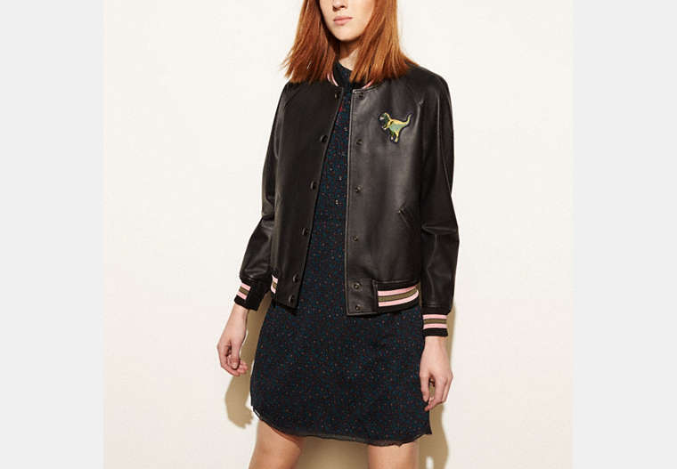 COACH®,LEATHER REXY VARSITY JACKET,Leather,Black,Front View