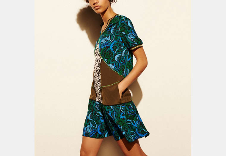COACH®,DECO PALM SILK T-SHIRT DRESS,Silk,Blue Multicolor,Front View
