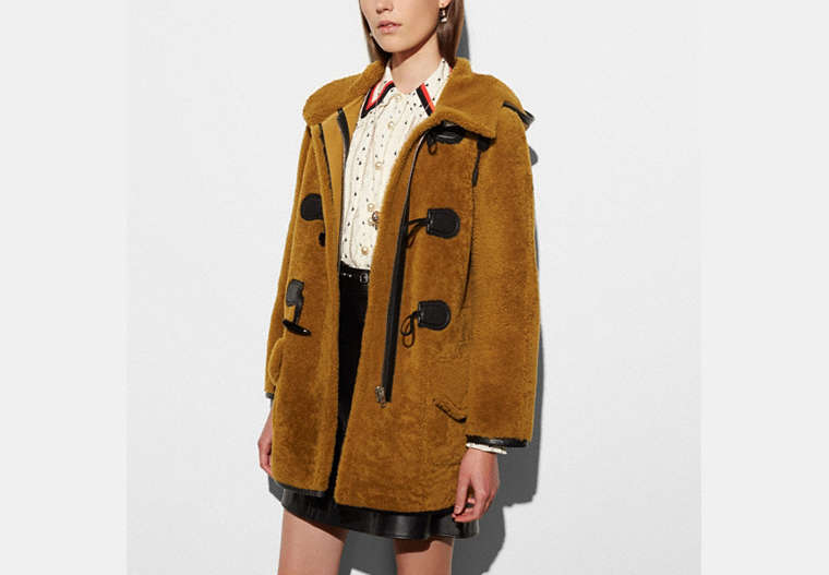 COACH®,SHEARLING TOGGLE COAT,Leather,HONEY,Front View