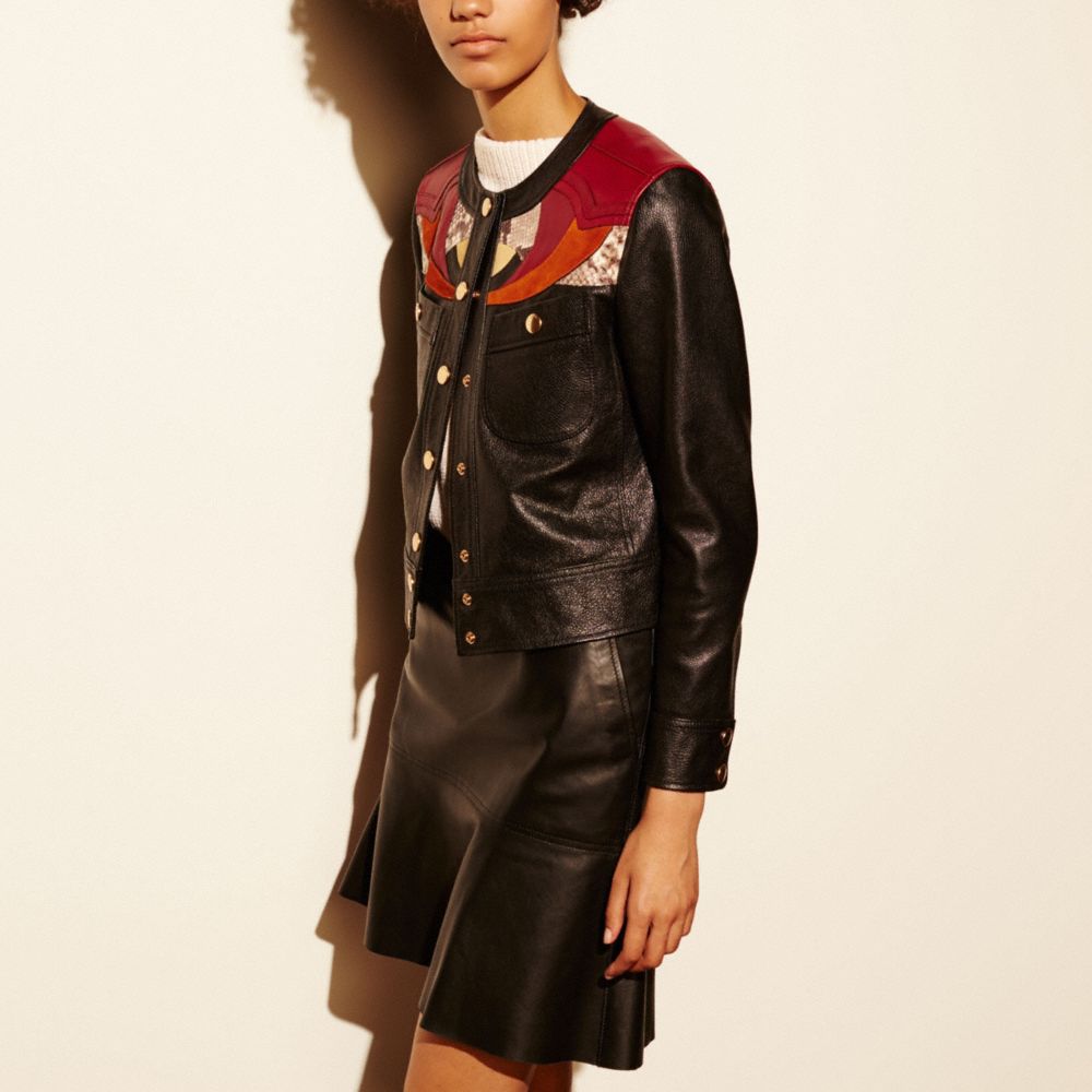 Applique Yoke Collarless Leather Jacket