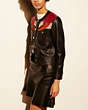 COACH®,APPLIQUE YOKE COLLARLESS LEATHER JACKET,Leather,Black,Front View
