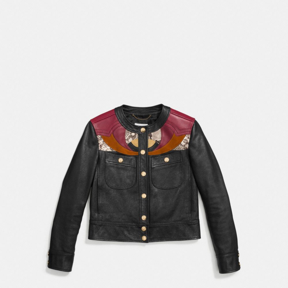 Applique Yoke Collarless Leather Jacket