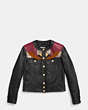 Applique Yoke Collarless Leather Jacket