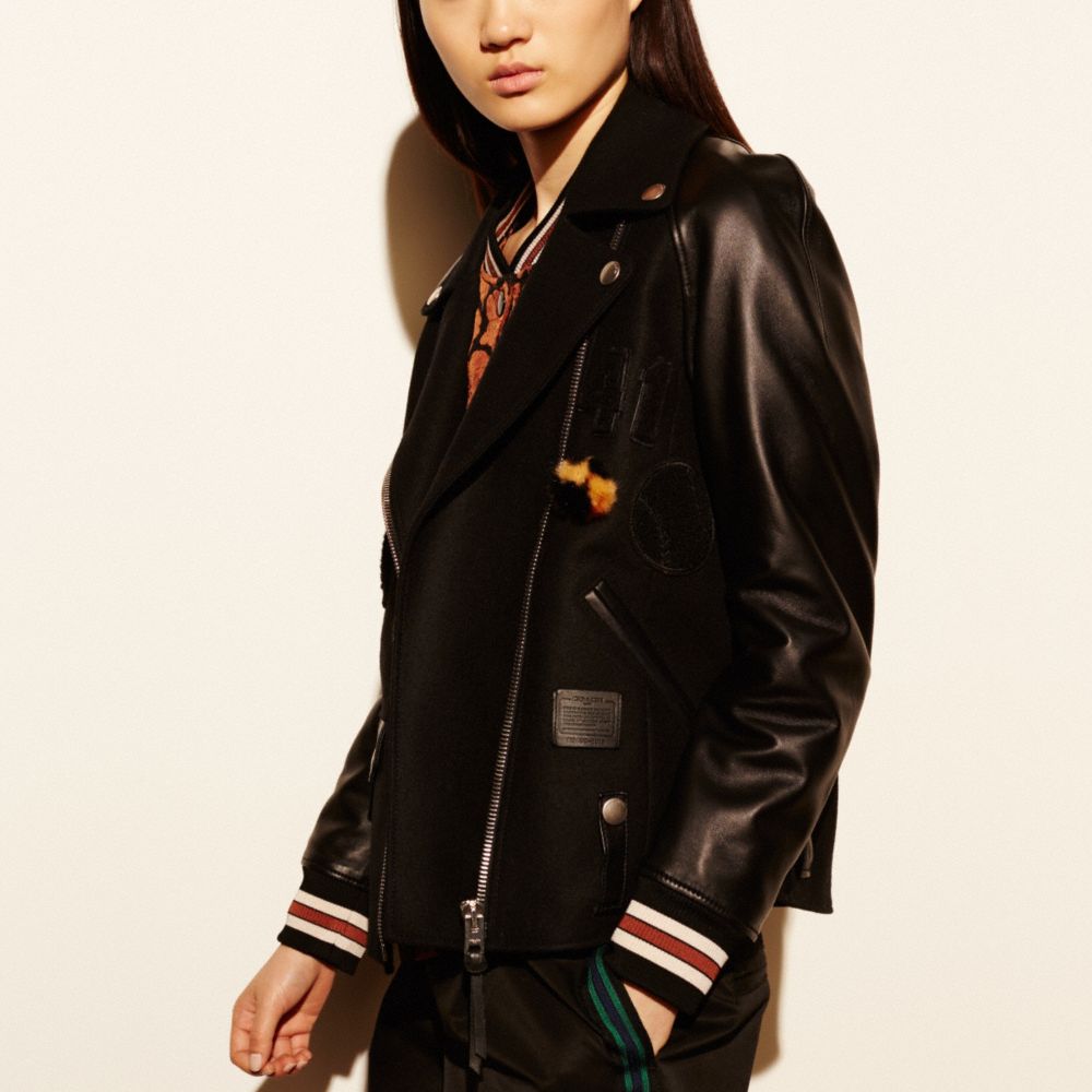 Coach leather baseball jacket sale