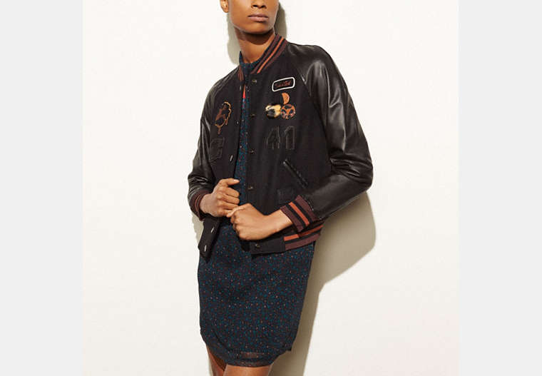 COACH®,CLASSIC VARSITY JACKET,Leather,Black,Front View