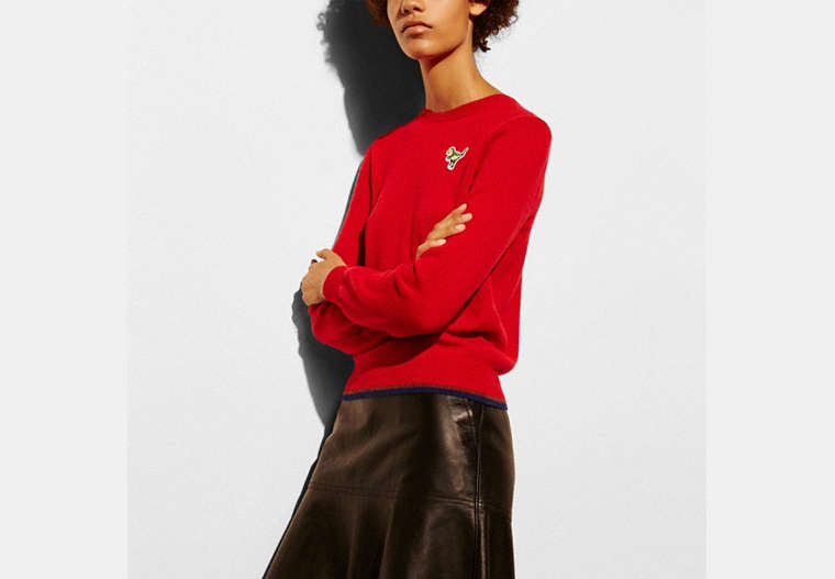 COACH®,REXY PATCH LONG SLEEVE CREW SWEATER,Cashmere Blend,Scarlet,Front View