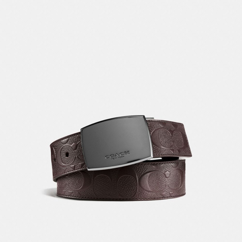 COACH®,PLAQUE BUCKLE CUT-TO-SIZE REVERSIBLE BELT, 38MM,Leather,MAHOGANY/MAHOGANY,Front View