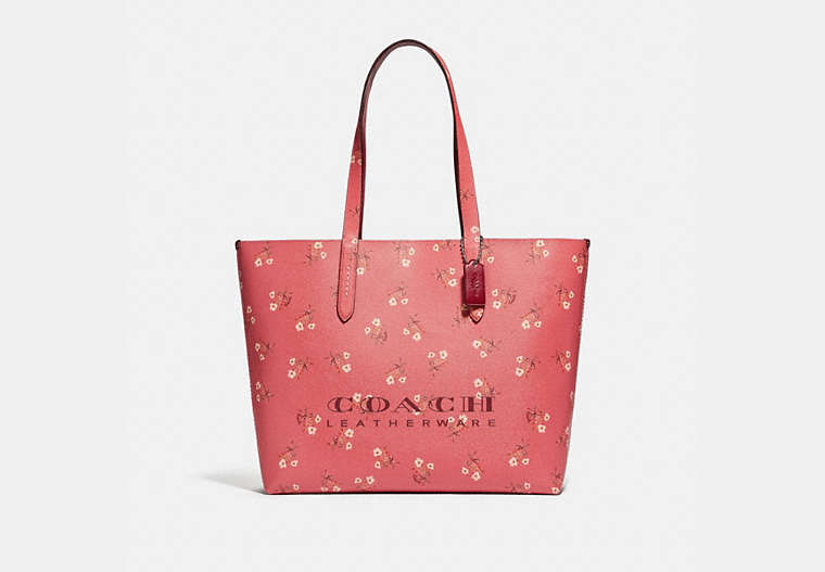 COACH®,HIGHLINE TOTE WITH FLORAL PRINT,pvc,Silver/Bright Coral,Front View