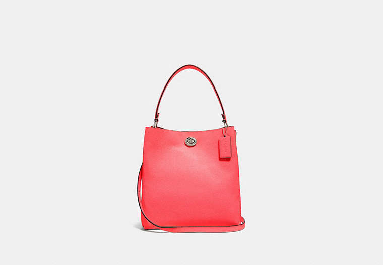 COACH®,CHARLIE BUCKET BAG,Pebbled Leather,Large,Silver/Bright Coral,Front View