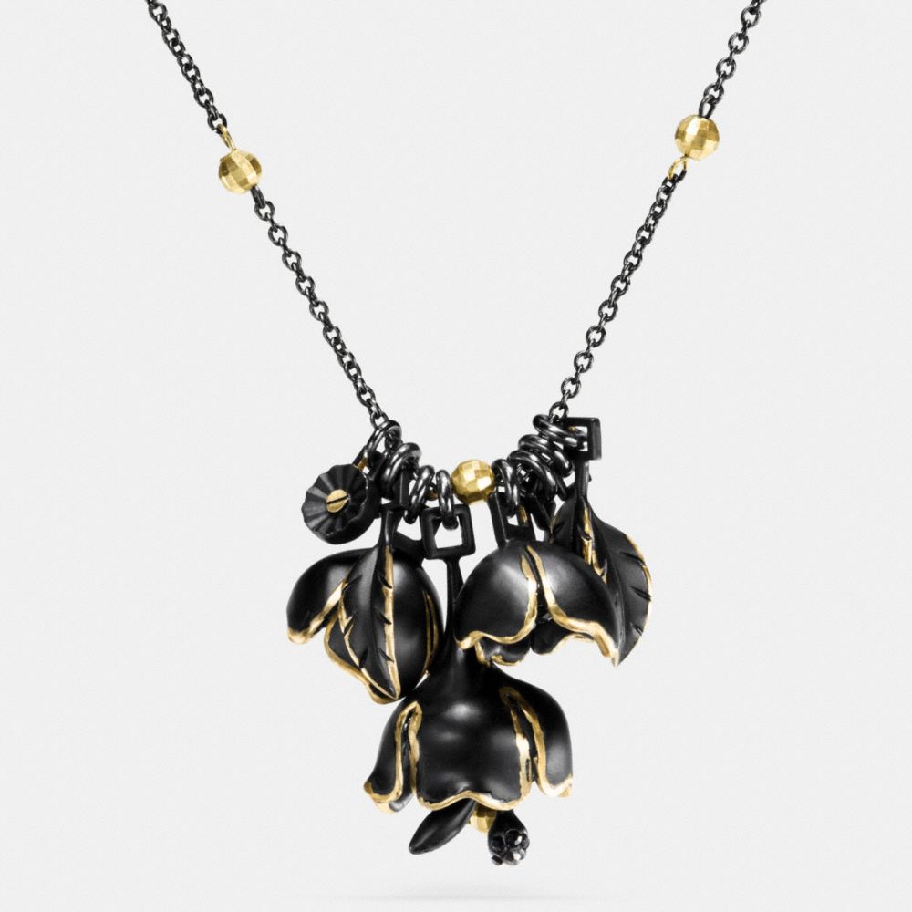 COACH®,GILDED TEA ROSE NECKLACE,Plated Brass,Black/Gold,Front View