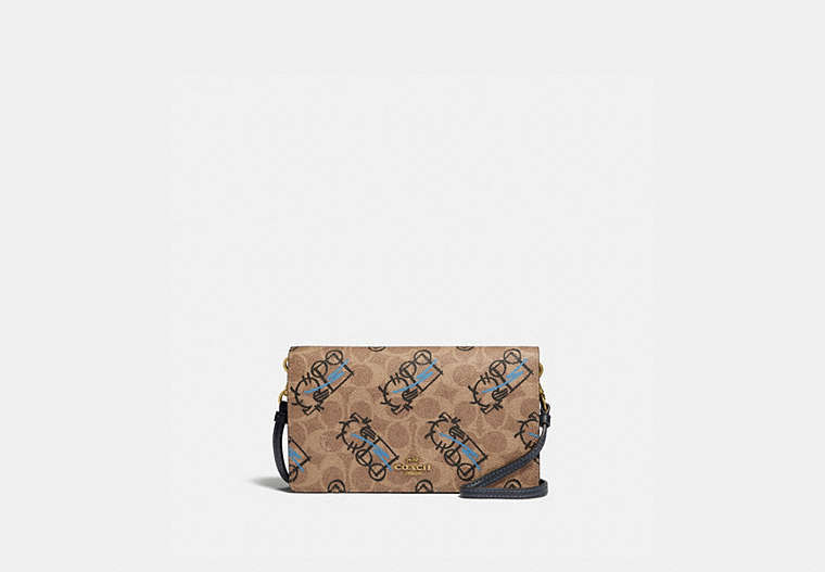 COACH®,HAYDEN FOLDOVER CROSSBODY CLUTCH IN SIGNATURE CANVAS WITH ABSTRACT HORSE AND CARRIAGE,pvc,Mini,Brass/Tan/Black,Front View