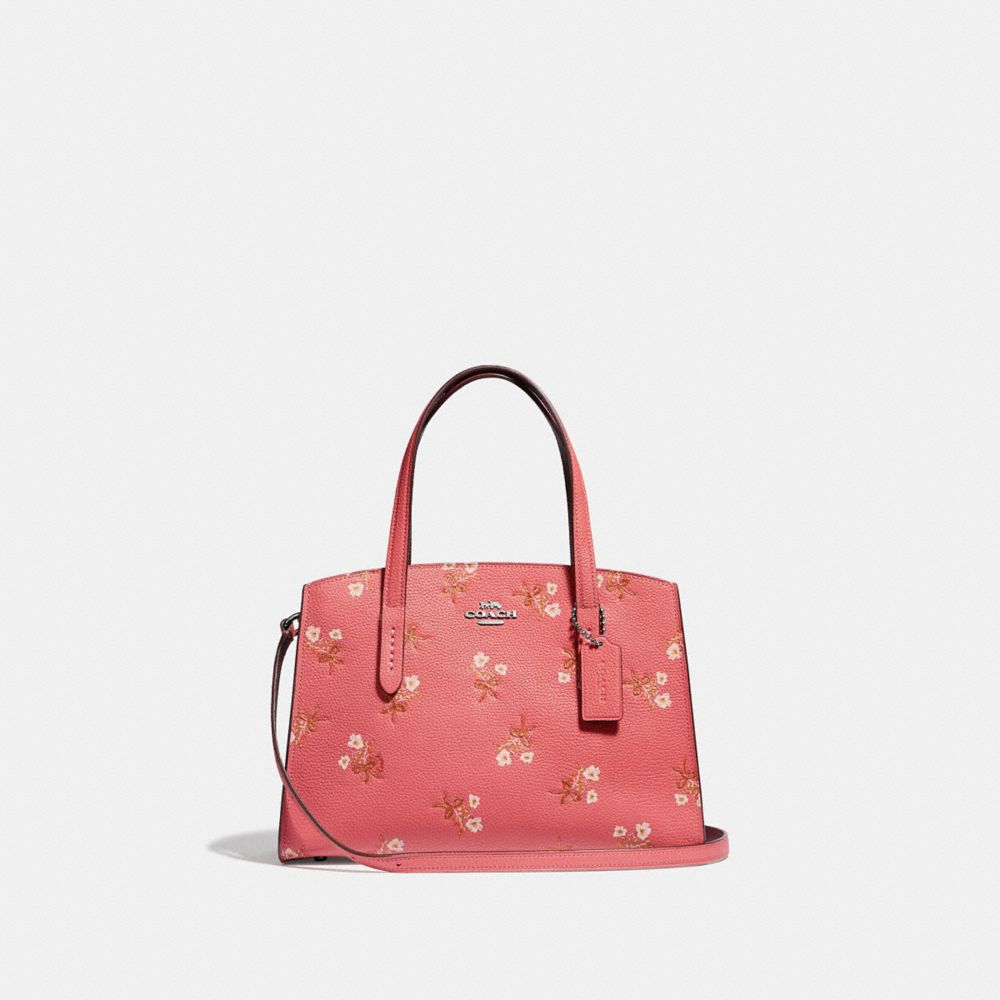COACH®,CHARLIE CARRYALL 28 WITH FLORAL PRINT,Leather,Medium,Silver/Bright Coral,Front View