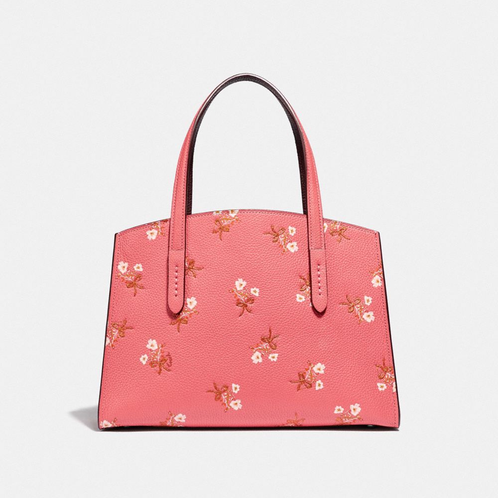 COACH®,CHARLIE CARRYALL 28 WITH FLORAL PRINT,Leather,Medium,Silver/Bright Coral,Back View