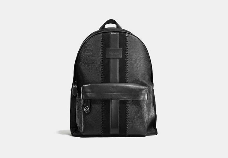 COACH®,RIP AND REPAIR CAMPUS BACKPACK WITH VARSITY STRIPE,Leather,Large,Black Antique Nickel/Black,Front View image number 0