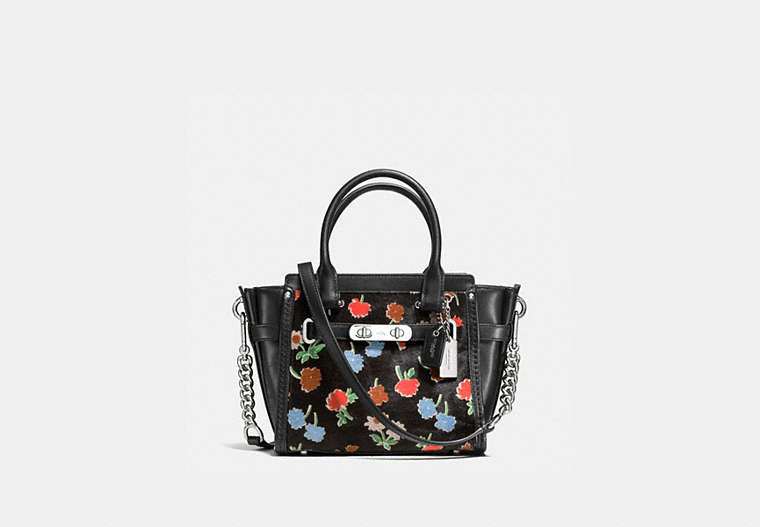 COACH®,COACH SWAGGER 21 IN PRINTED HAIRCALF,Fur,Small,Silver/Daisy Field Blk,Front View