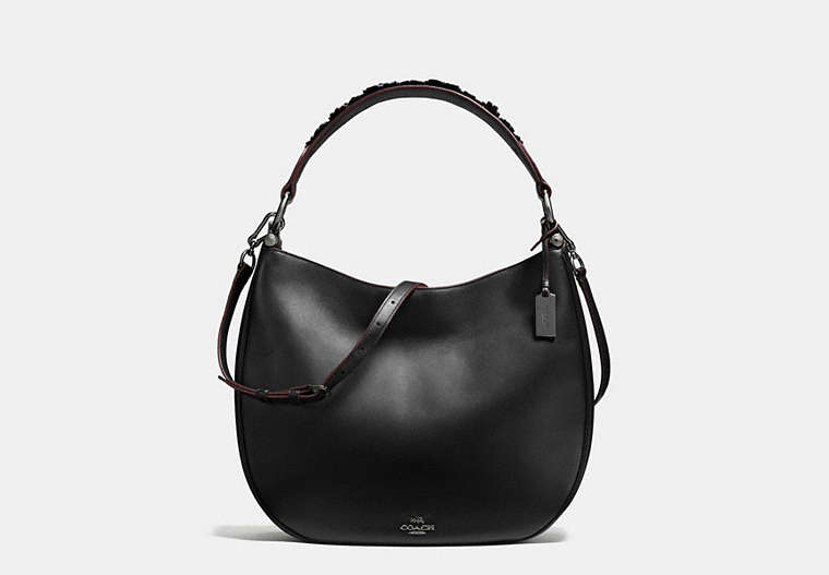 COACH®,COACH NOMAD HOBO IN WILLOW FLORAL,Leather,Large,Gunmetal/Black,Front View