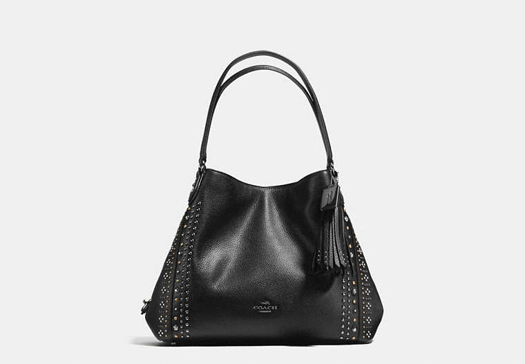 COACH®,EDIE SHOULDER BAG 31 IN PEBBLE LEATHER WITH WESTERN RIVETS,Leather,Large,Gunmetal/Black,Front View