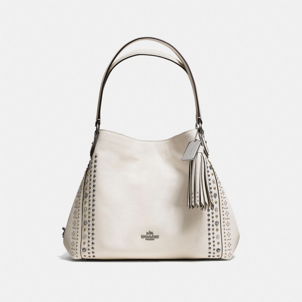 COACH®,EDIE SHOULDER BAG 31 IN PEBBLE LEATHER WITH WESTERN RIVETS,Leather,Large,Chalk/Dark Gunmetal,Front View
