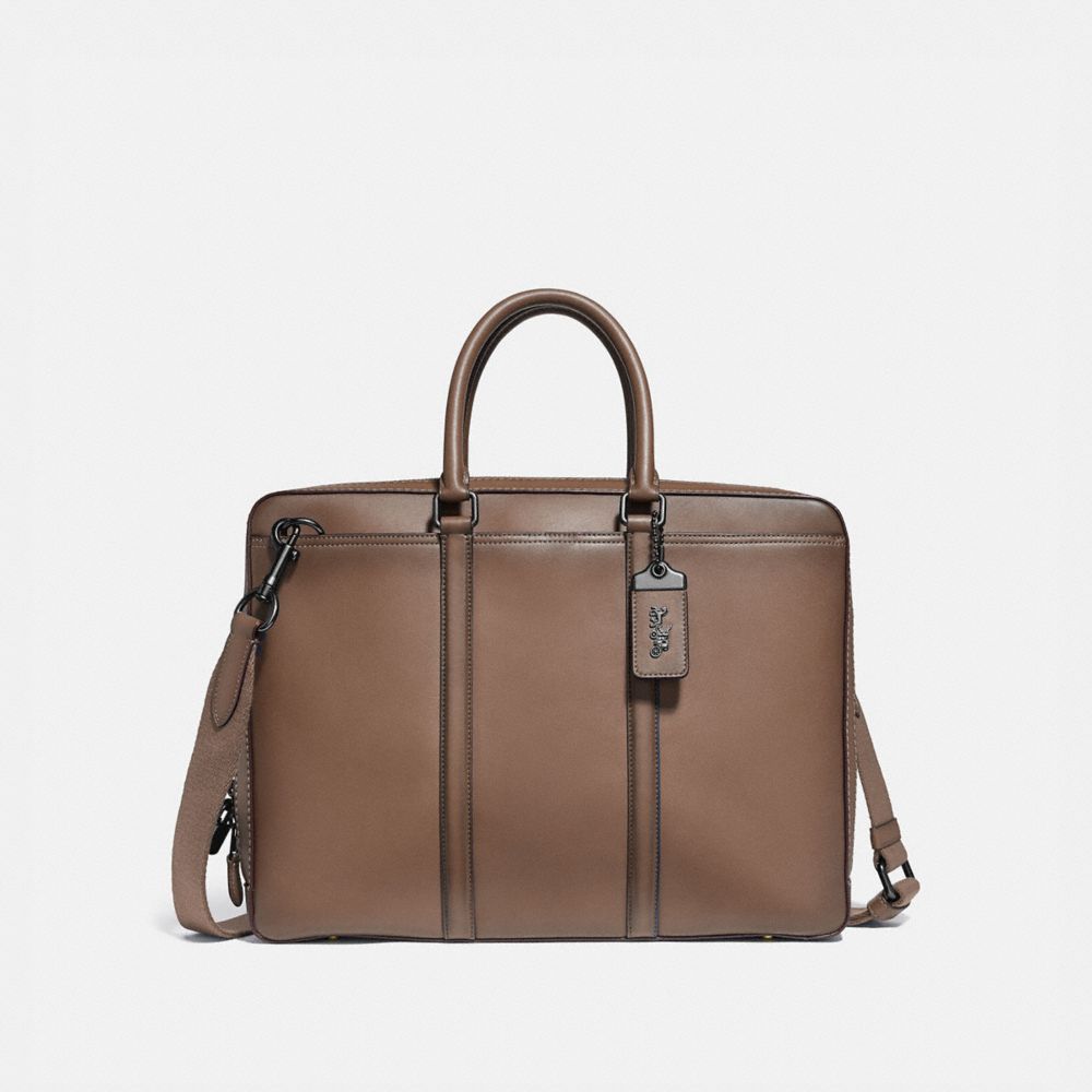 COACH®,Metropolitan Slim Brief,Nylon,Leather,Briefcase,Logo,Metal,Gunmetal,Work,,Front View