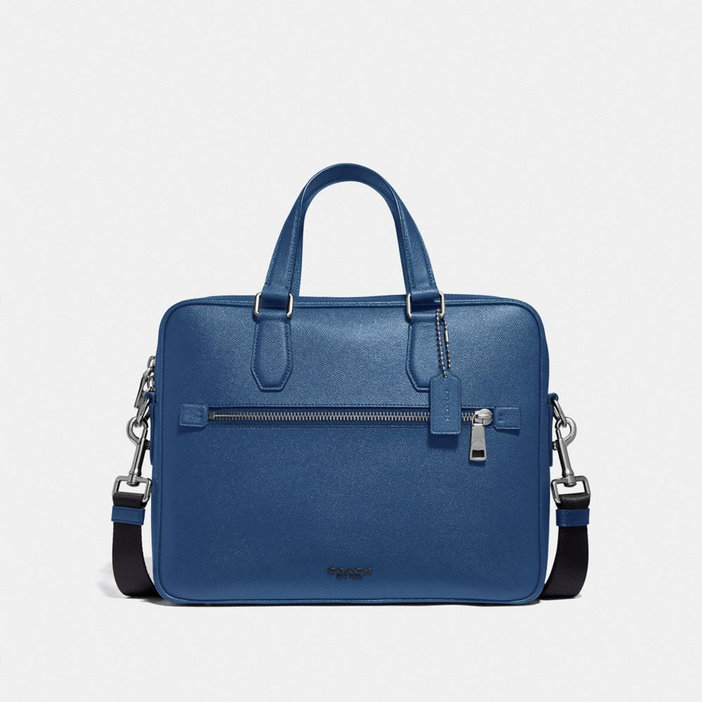 COACH®,KENNEDY BRIEF,Pebble Leather,Medium,True Blue/Silver,Front View