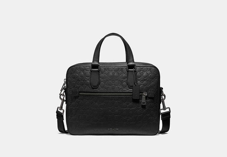 COACH®,KENNEDY BRIEF IN SIGNATURE LEATHER,Leather,Medium,Black Antique Nickel/Black,Front View