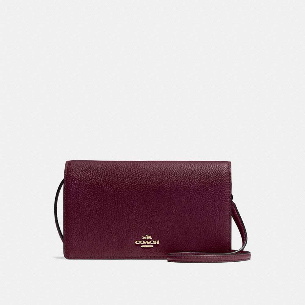 COACH®,FOLDOVER CROSSBODY IN POLISHED PEBBLE LEATHER,Cuir galet poli,Or Clair/Sang De Bœuf,Front View